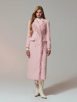 Wool-Blend Hourglass Fringe-Scarf Double-Breasted Long Coat