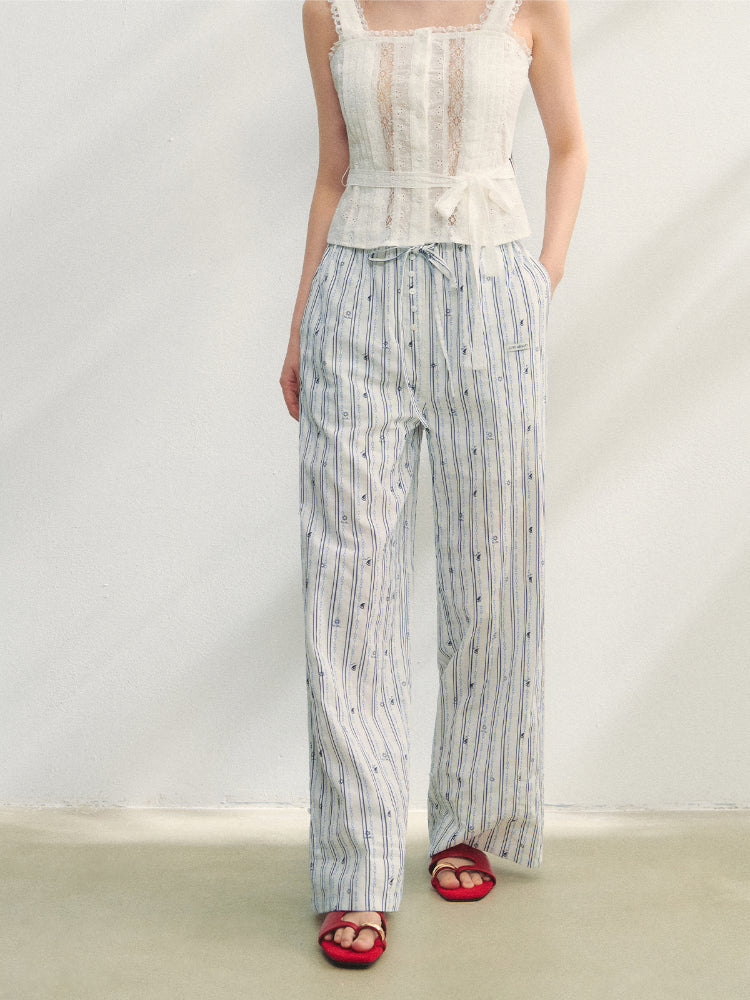 Striped Print Patchwork Embroidery Lace Straight Pants