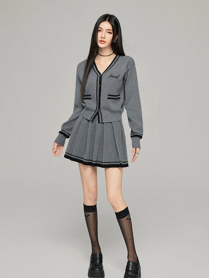 Contrast Color Knit V-neck Cardigan Set
