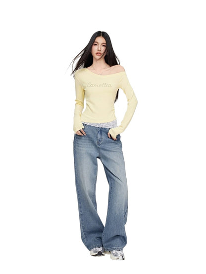 Letter Embroidery Denim Wide-Leg Pants