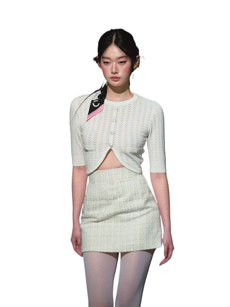 Woolen Knit Cardigan &amp; High-waisted Tweed Skirt Set