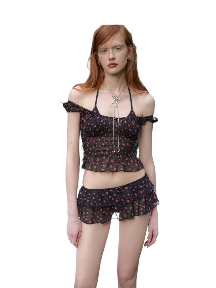 Black Floral U-Neck Bikini Set