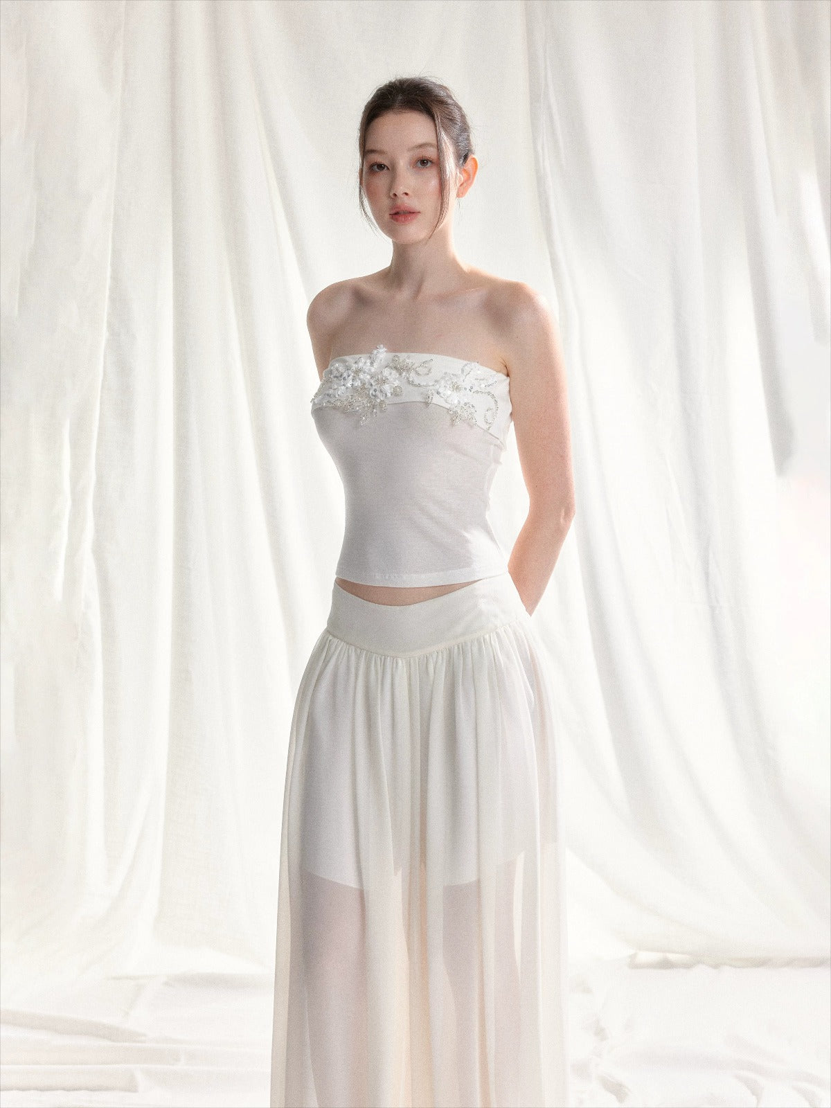 Floral Appliqué Bustier &amp; Mesh Pants Set