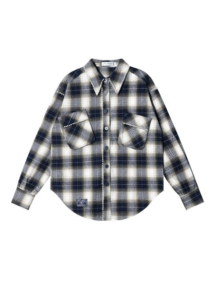 Pearl-Trimmed Polo-Neck Checkered Shirt