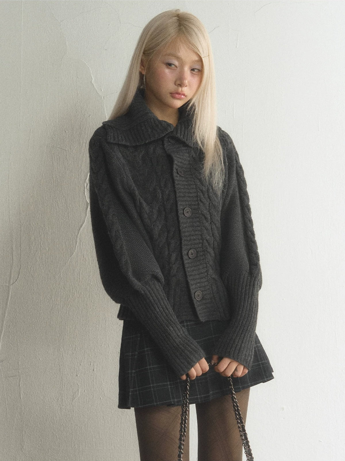 Vintage Oversized Collar Cable-Knit Cardigan