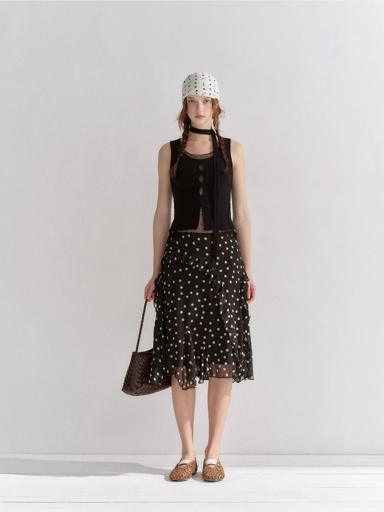 Polka Dot Ruffle Midi Skirt