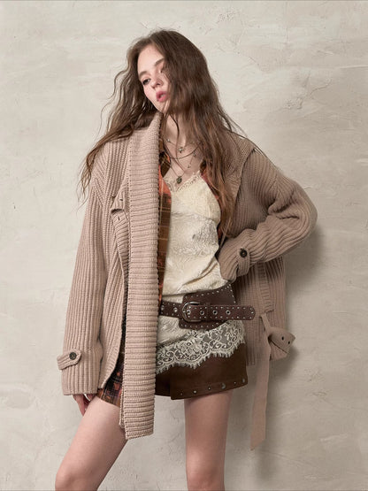 Oatmeal Scarfed Knit Sweater