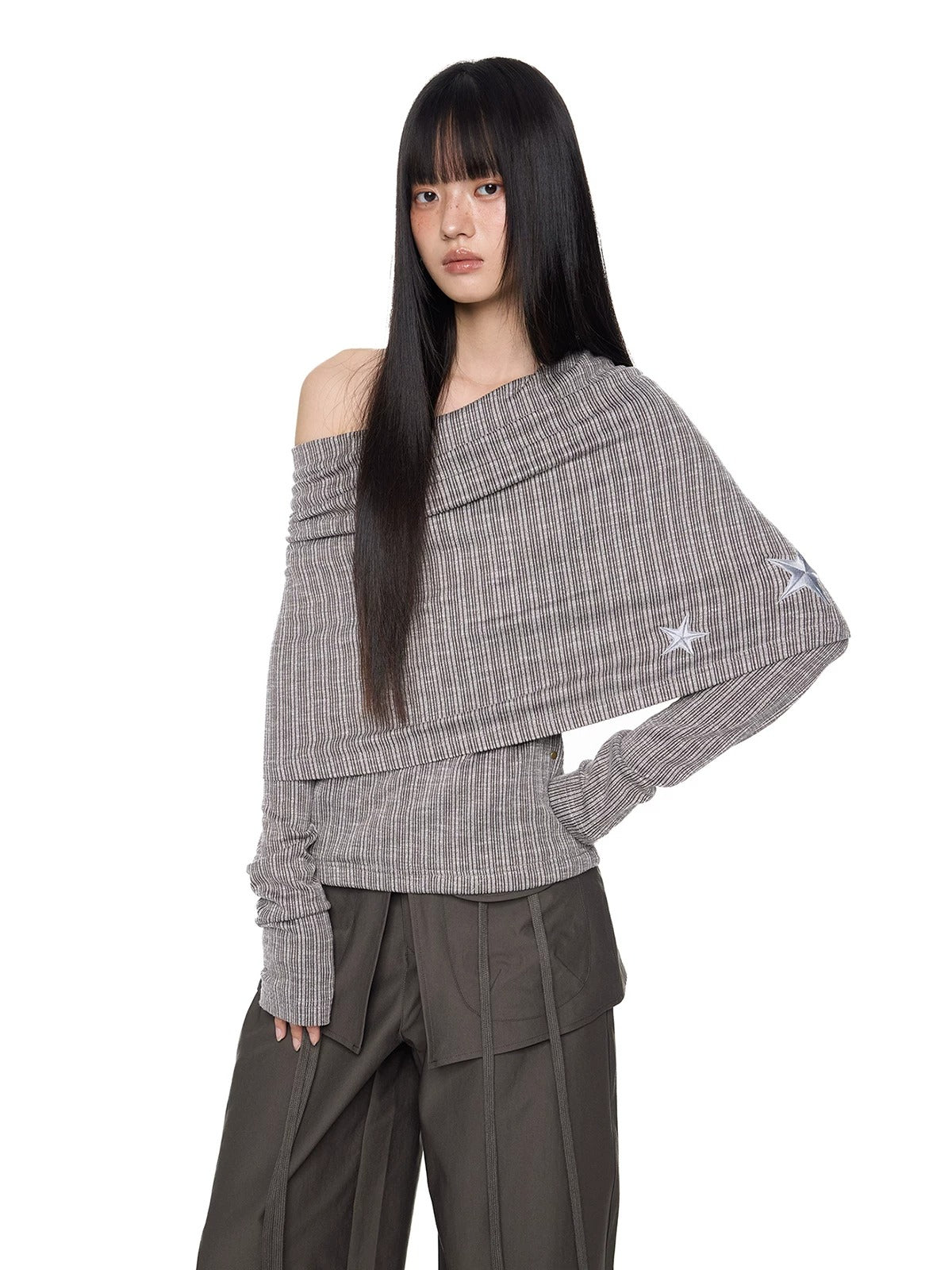 Asymmetric Striped Knit Shoulder Top