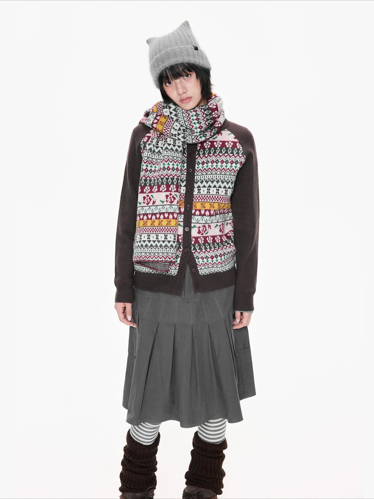 Contrast Folk Print Cardigan Set