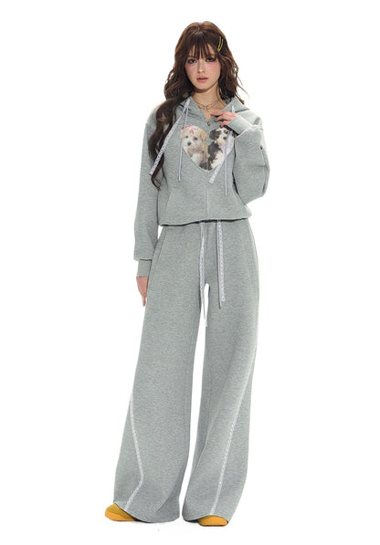 Gray Spliced Dog-Print Hoodie &amp; Sweatpants Set