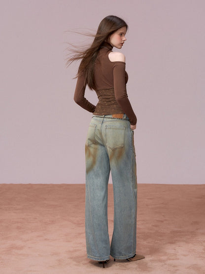 Lace Cold-Shoulder High Neck Long Sleeve Top