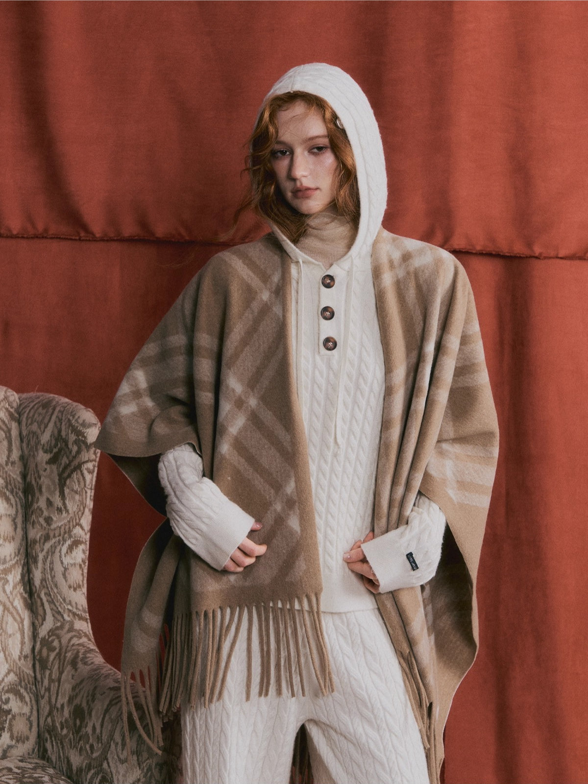 Retro Check Tassel Cape Scarf