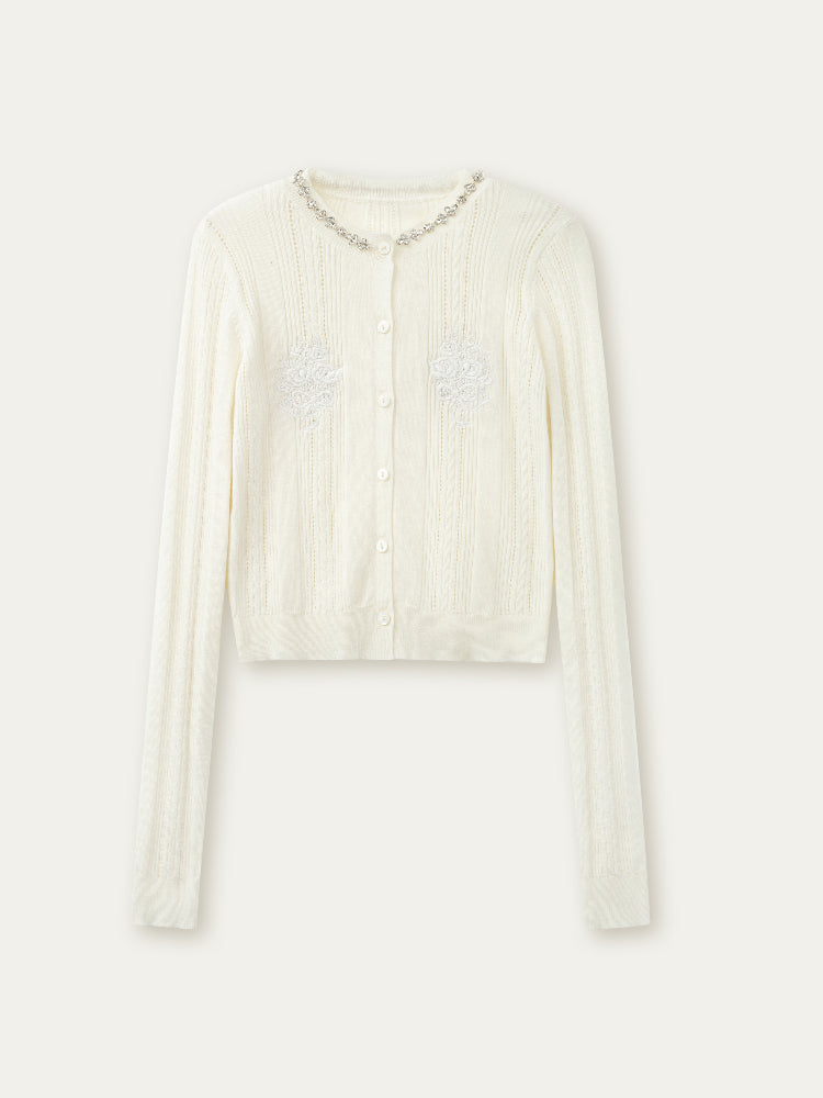Handmade Rhinestone Collar Rose-Embroidered Knitted Cardigan