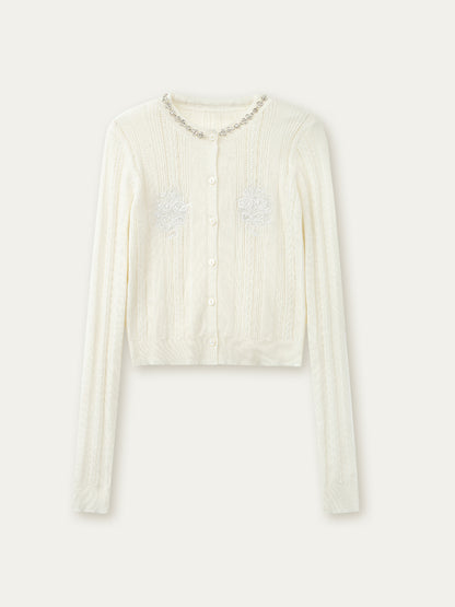 Handmade Rhinestone Collar Rose-Embroidered Knitted Cardigan