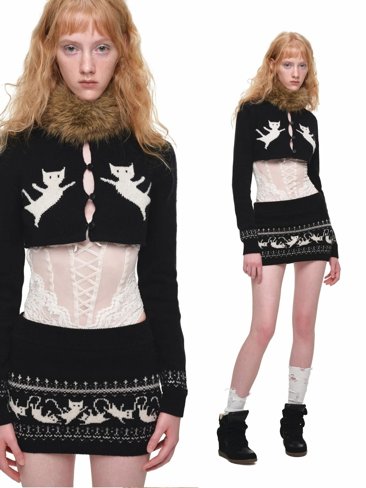 Fair Isle Jacquard Knit Cardigan &amp; Skirt Set