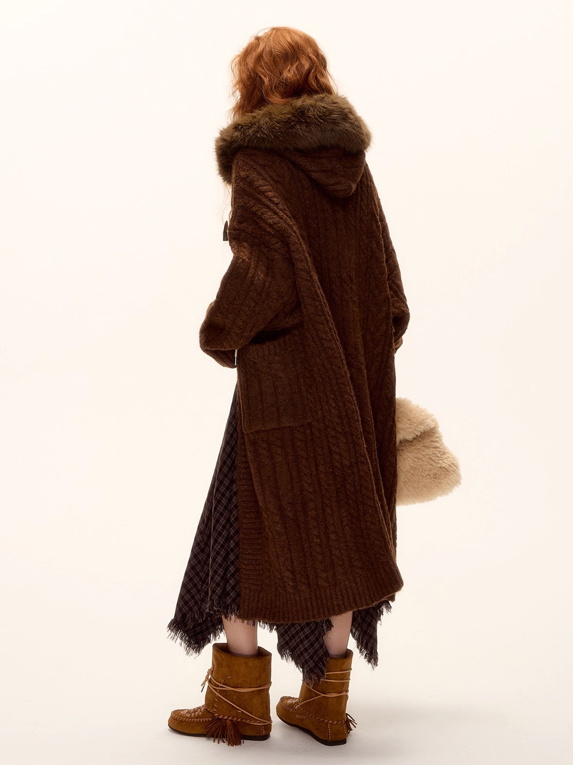 Detachable Fur Collar Cable-Knit Long Cardigan