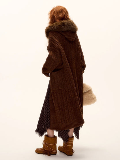 Detachable Fur Collar Cable-Knit Long Cardigan