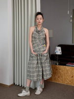 Plaid Halter Neck Backless Tank Top & Midi Skirt Set