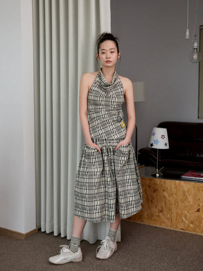 Plaid Halter Neck Backless Tank Top &amp; Midi Skirt Set