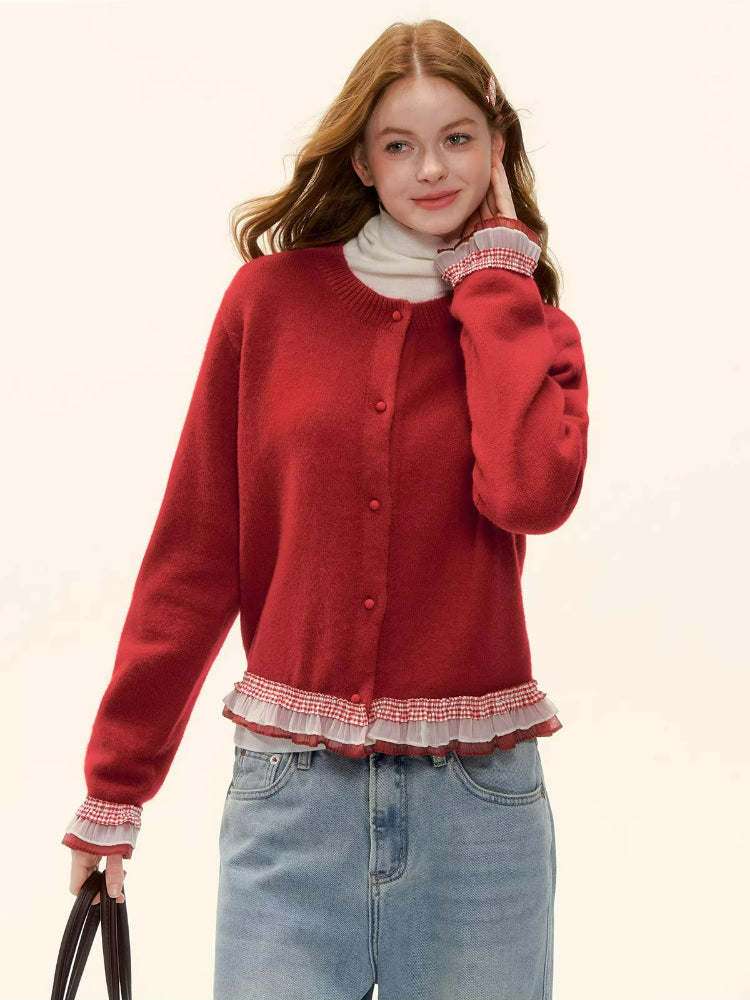 Plaid Lace Trim Knit Cardigan