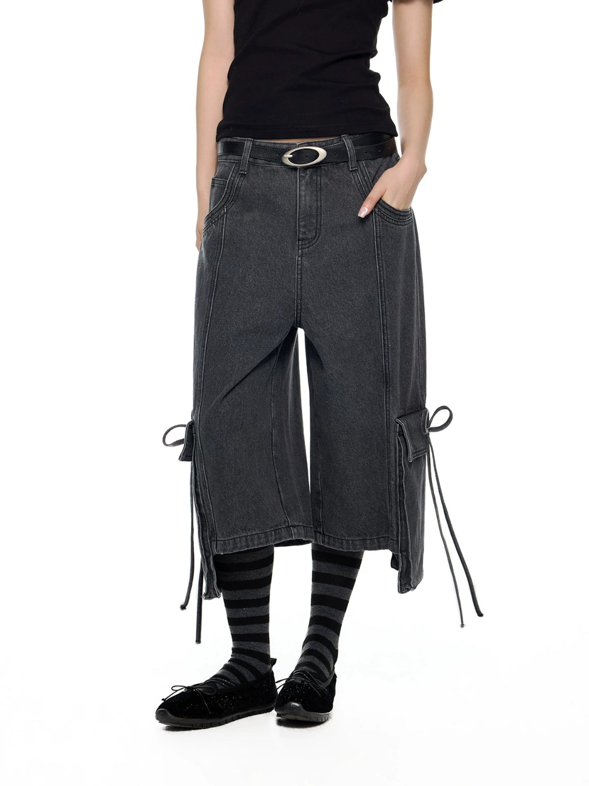 Washed Denim Cargo Pants