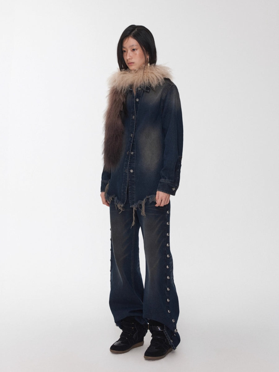 Vintage Washed Frayed-Edge Denim Shirt