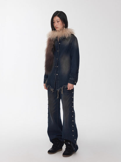 Vintage Washed Frayed-Edge Denim Shirt