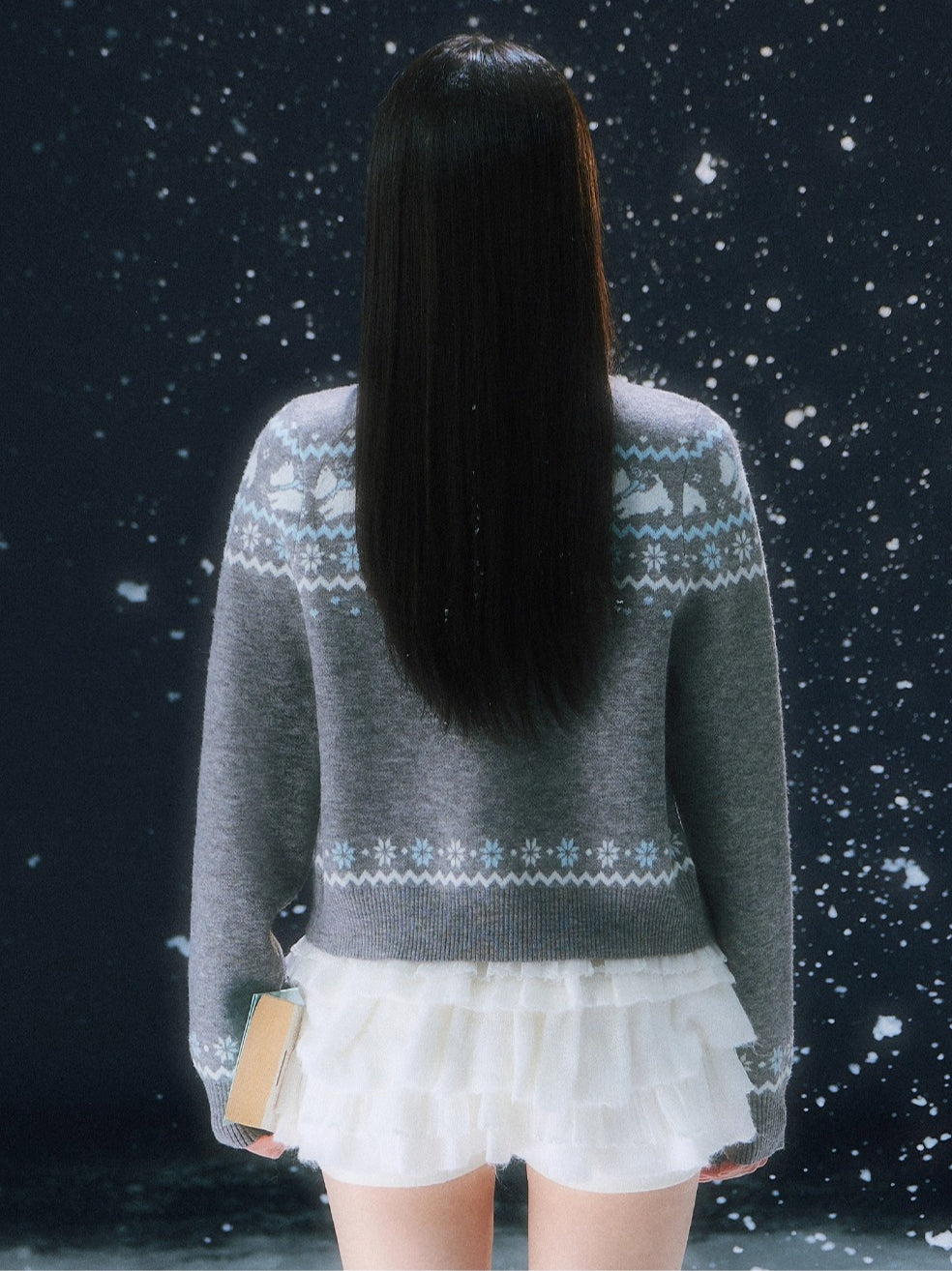 Gray Fair Isle Pattern Knit Cardigan