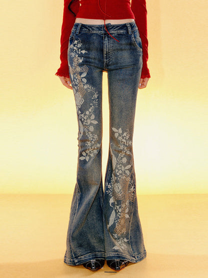 Printed Low-Waisted Denim Bell-Bottom Pants
