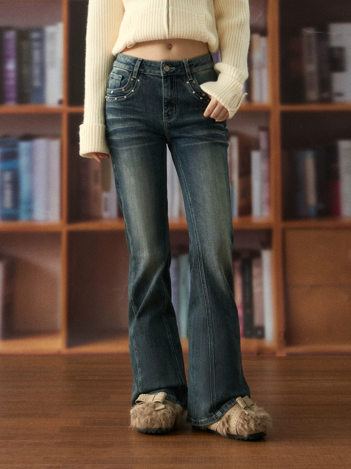 Vintage Star Studded Flared Denim Jeans