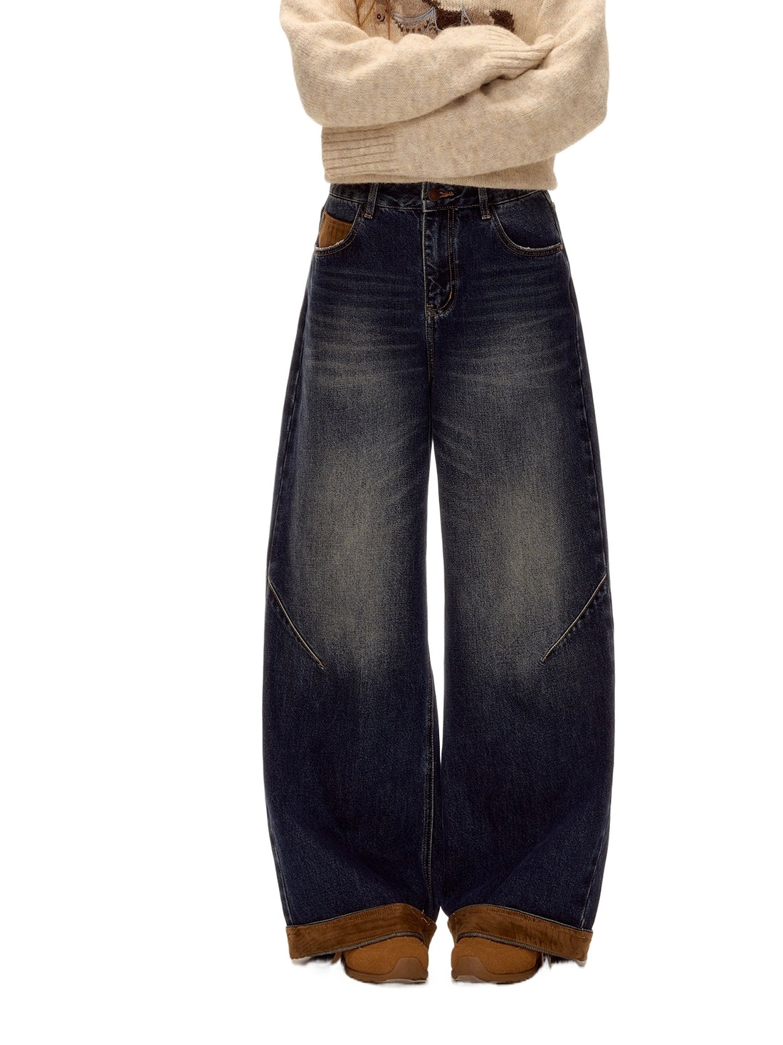 Suede Patchwork Cat-Whisker Wide-Leg Jeans