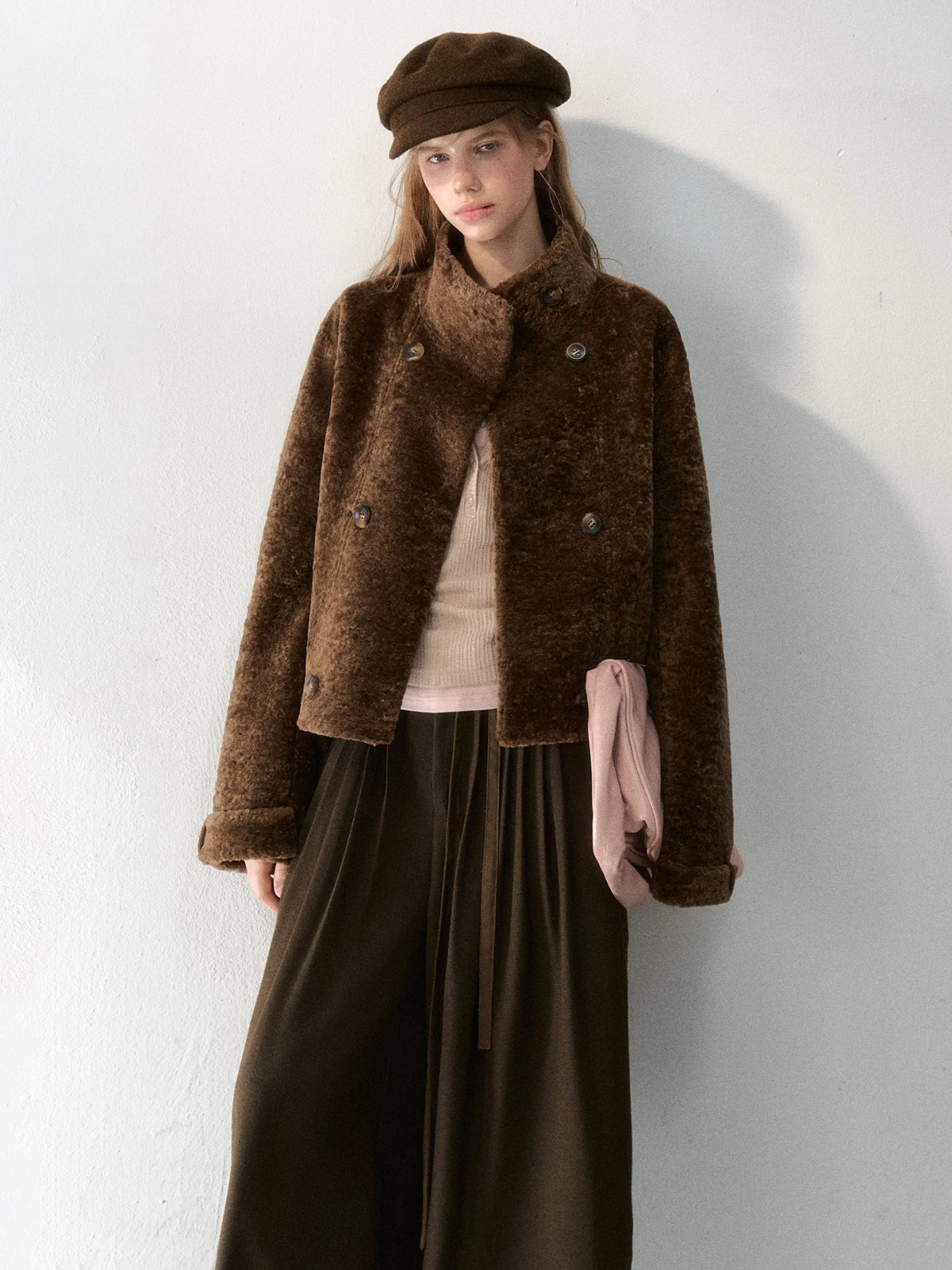 Stand Collar Cropped Fur Jacket
