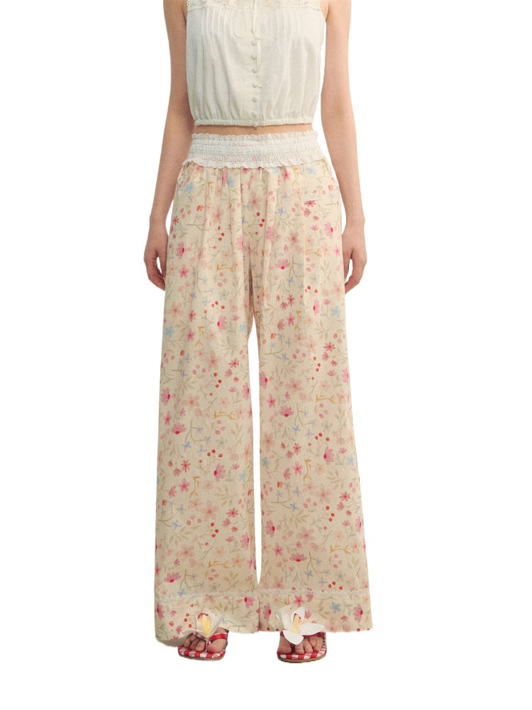 Lace-Trimmed Waist-Tie Wide-Leg Pants