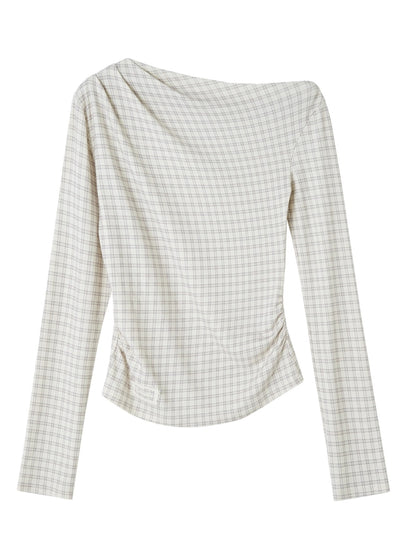 Velvet-Touch Plaid Draped Off-Shoulder Long Sleeve