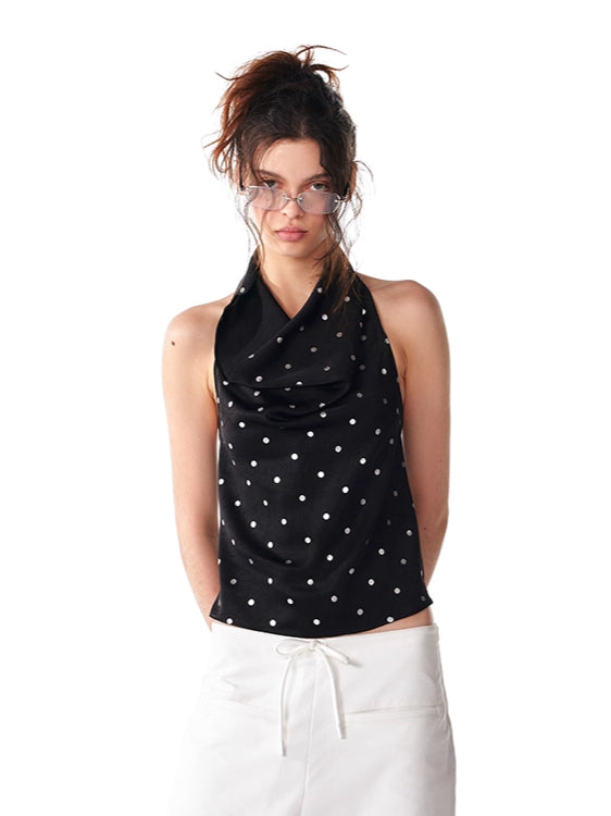 Black Silver Polka Dot Neckline Backless Top