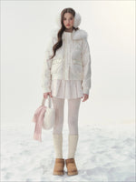 Plaid Floral Faux-Fur Down Jacket