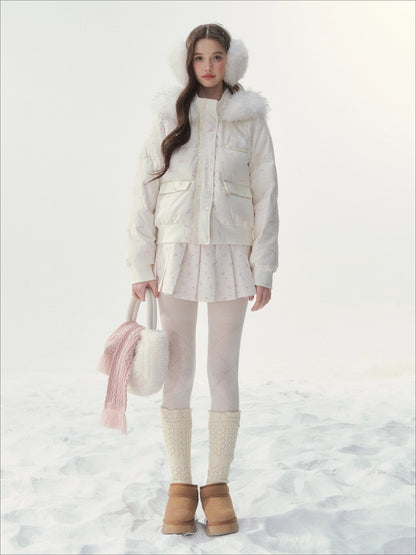 Plaid Floral Faux-Fur Down Jacket