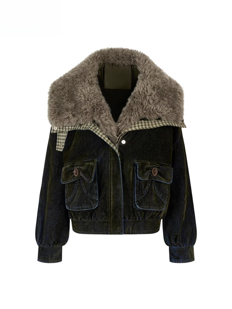 Velvet Denim Oversized Fur Collar Down Jacket