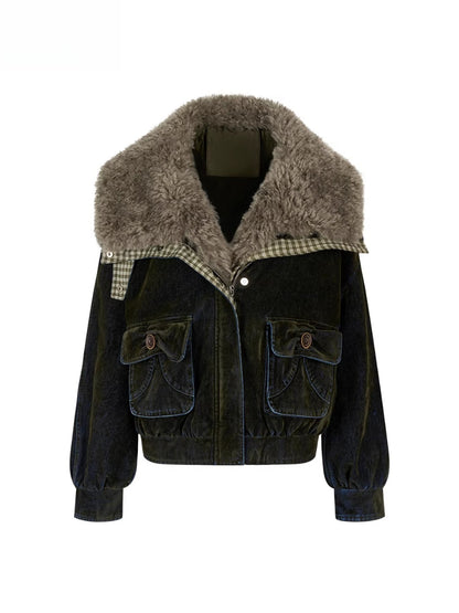 Velvet Denim Oversized Fur Collar Down Jacket