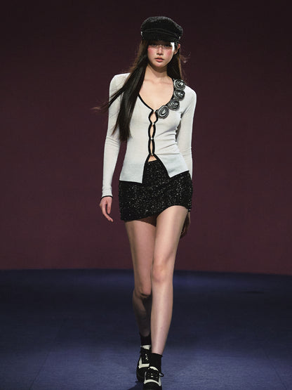 3D Rose Appliqué Sheer Knit Cardigan