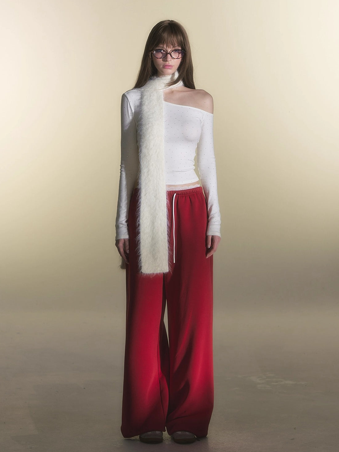 White Rhinestone Knit Off-Shoulder Slim-Fit T-Shirt