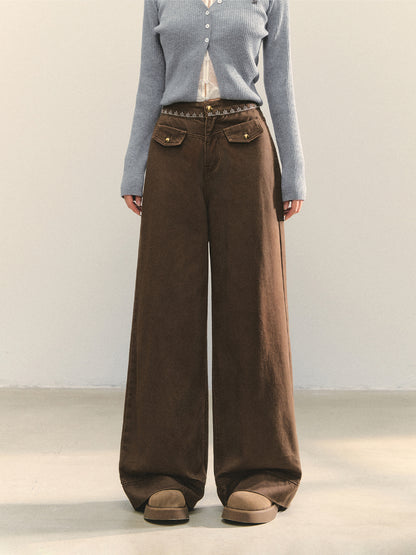 Cross-Stitch Floral Wide-Leg Pants