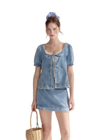 Embroidered Floral Denim Top & Skort Set