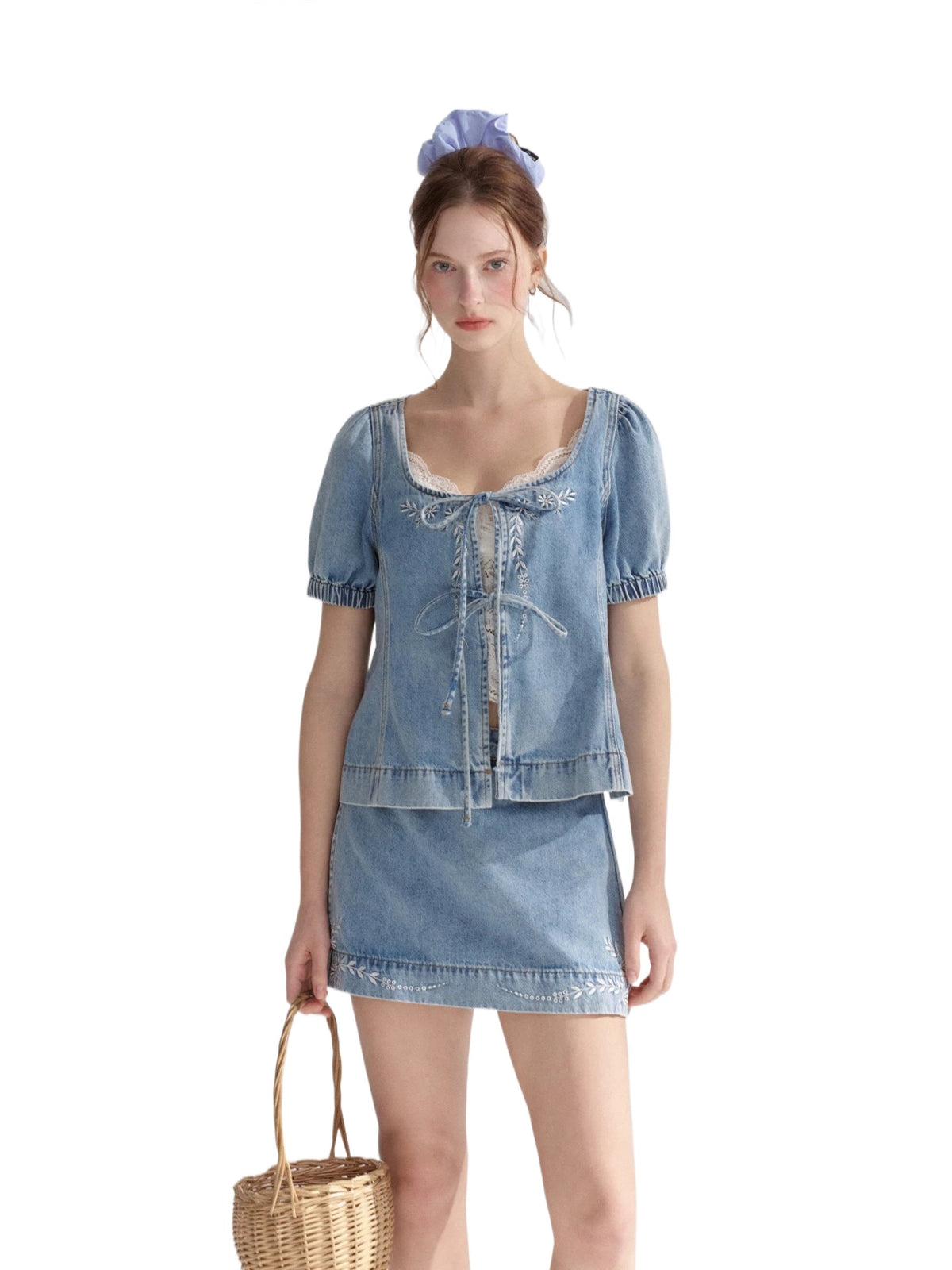 Embroidered Floral Denim Top &amp; Skort Set