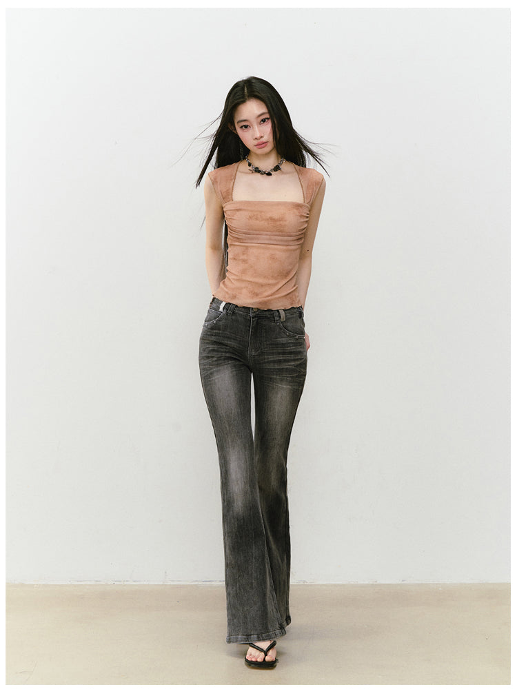 Color-Block Washed Flared Jeans