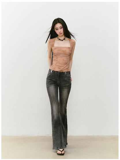 Color-Block Washed Flared Jeans