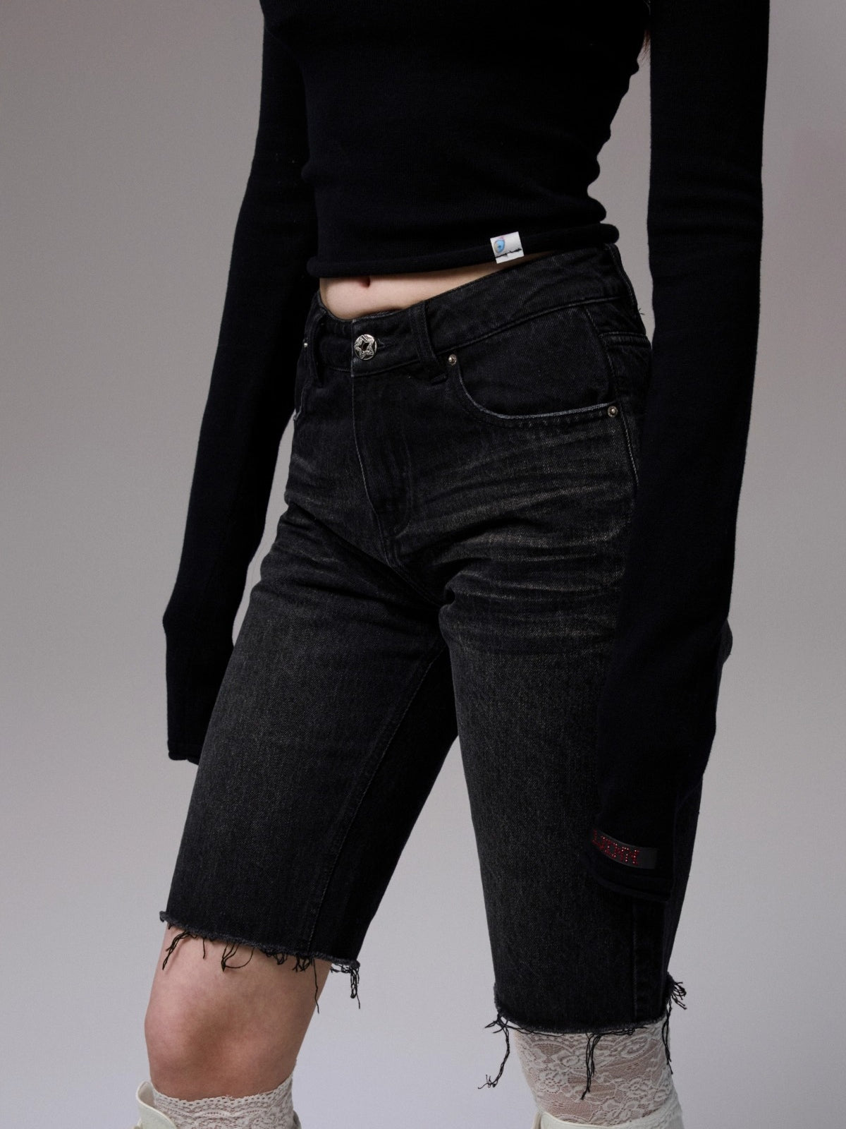 Washed Denim Biker Shorts