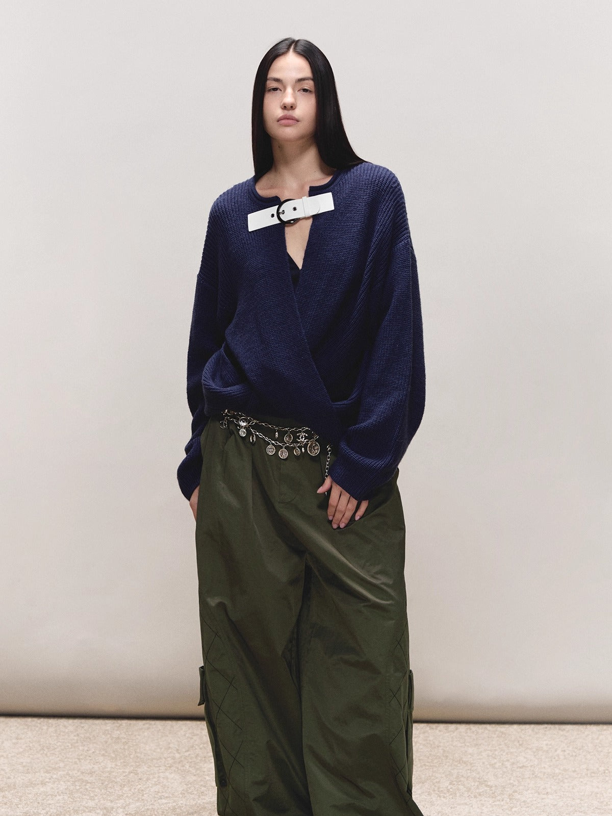 Wool V-Neck Buckle-Panel Sweater
