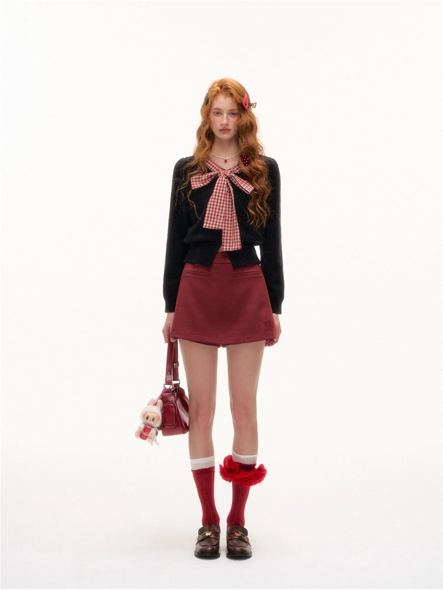 Plaid Bow-Tie Round Neck Knitted Cardigan