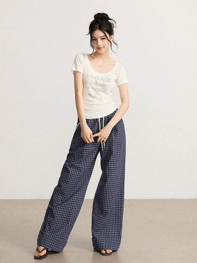 Plaid Folded Wide-Leg Pants